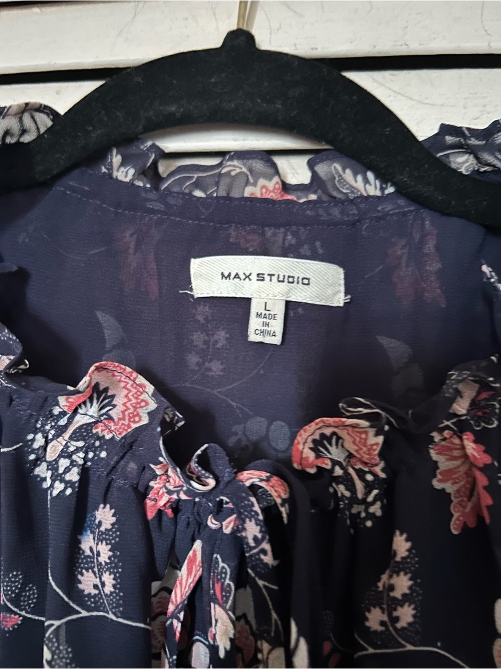 Max Studio Navy Floral Tie-Neck Ruffle Top